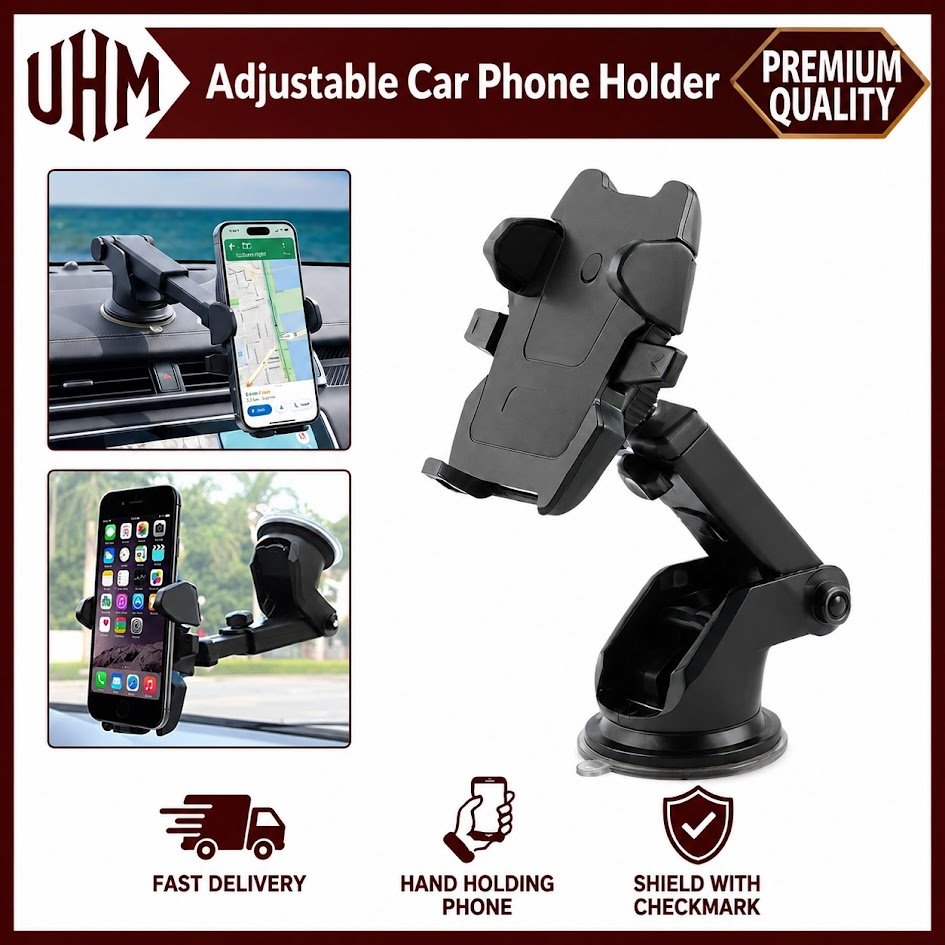 UHM 360° Rotating Telescopic Car Phone Holder Mount – Dashboard & Windshield