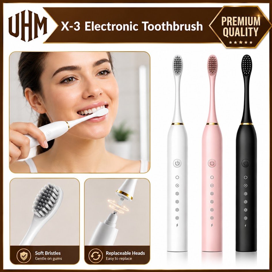 UHM X-3 Sonic Electric Toothbrush with Replaceable Heads & USB Rechargeable