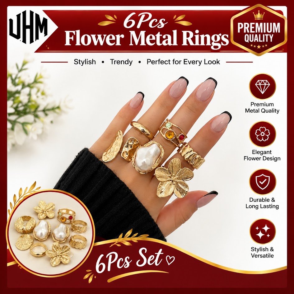 UHM 6Pcs Trendy Flower Metal Rings Set for Women & Girls – Gold Tone Knuckle Rings
