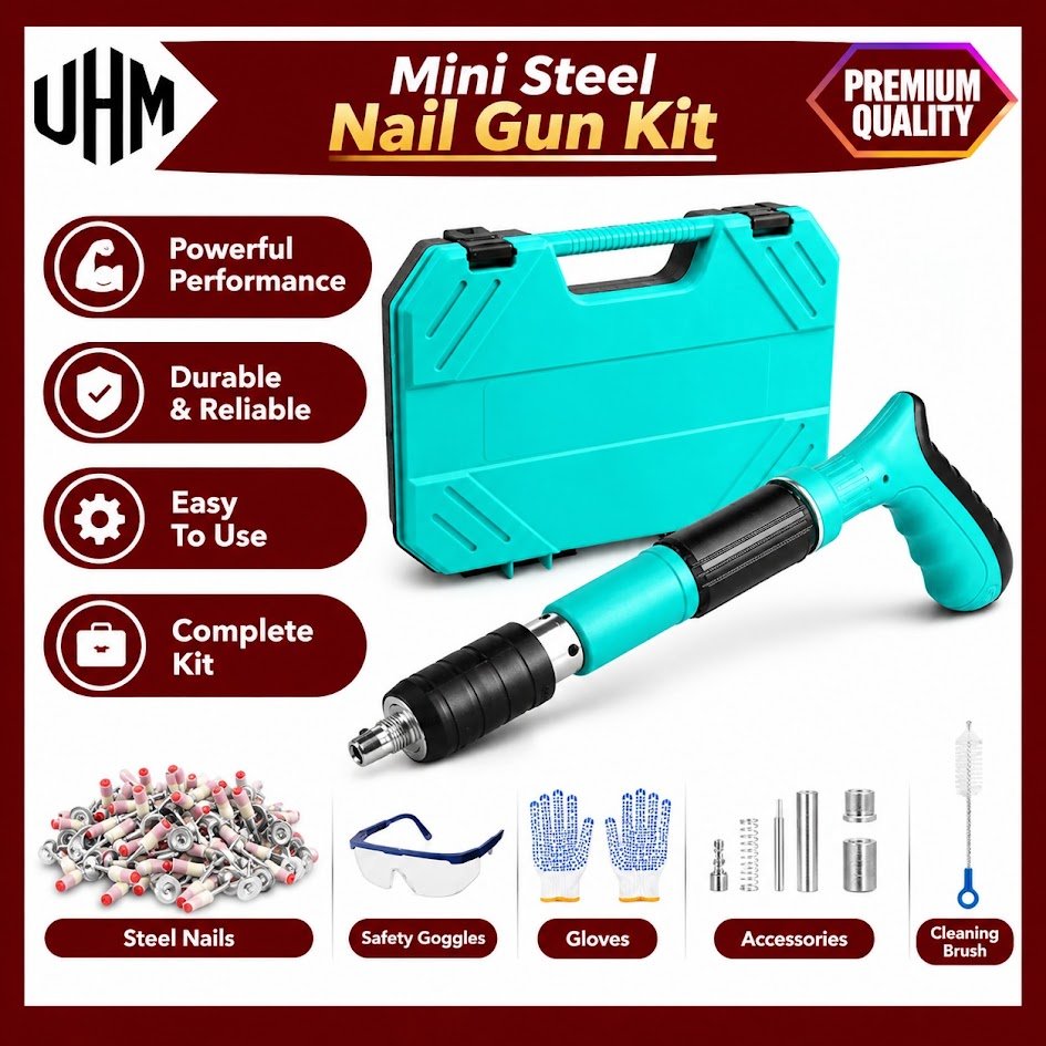 UHM Mini Manual Steel Nail Gun Kit with Toolbox, Nails & Safety Accessories