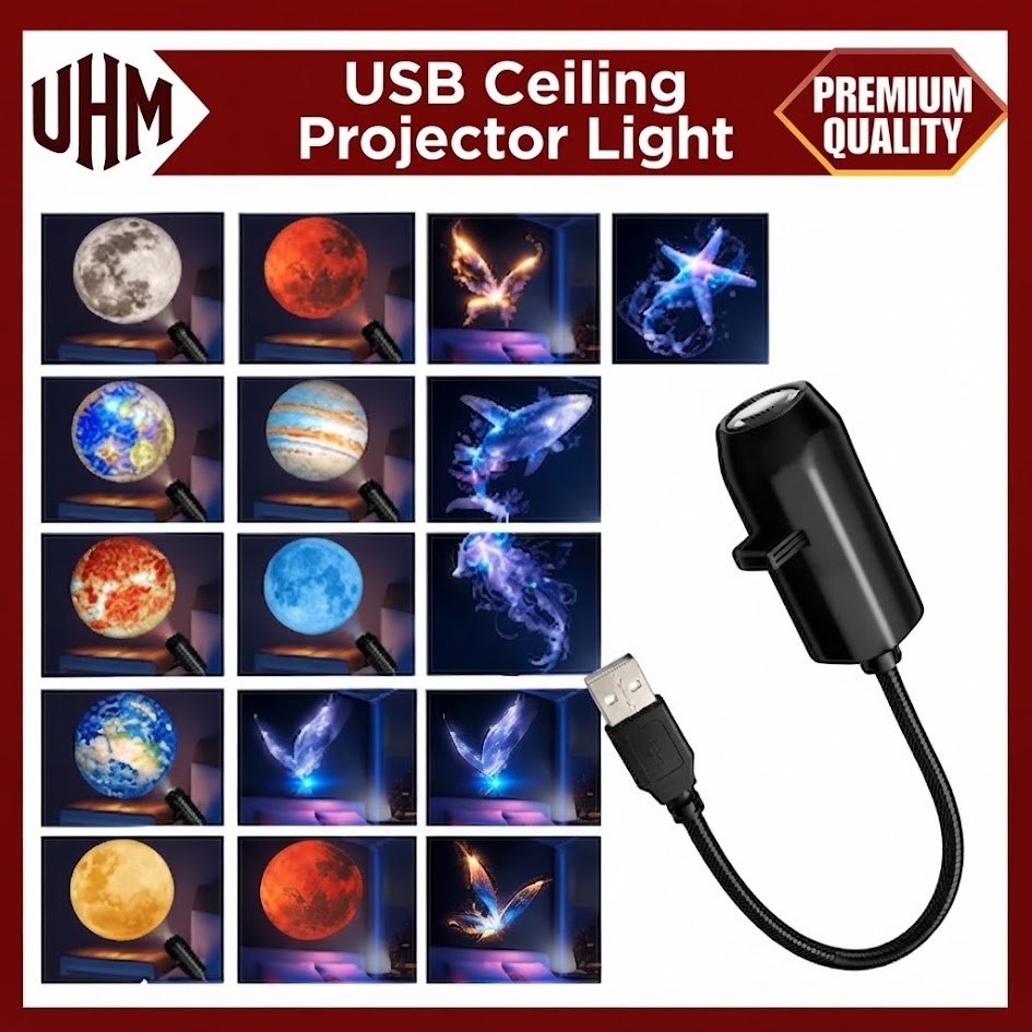 UHM USB Ceiling Projector Night Light – Multi-Pattern Galaxy & Moon Atmosphere Lamp